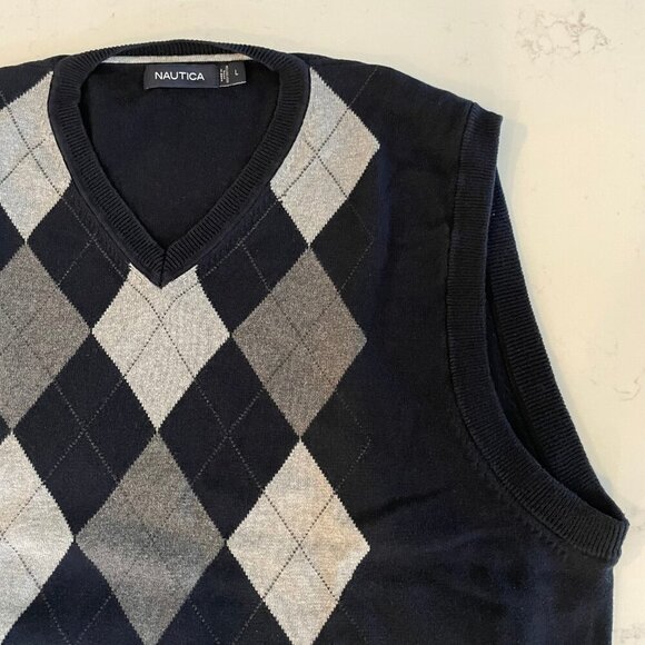 Nautica Vtg Grandpa Diamond Print 100% Cotton Knit V Neck Vest Navy Grey Sz L - Picture 4 of 10